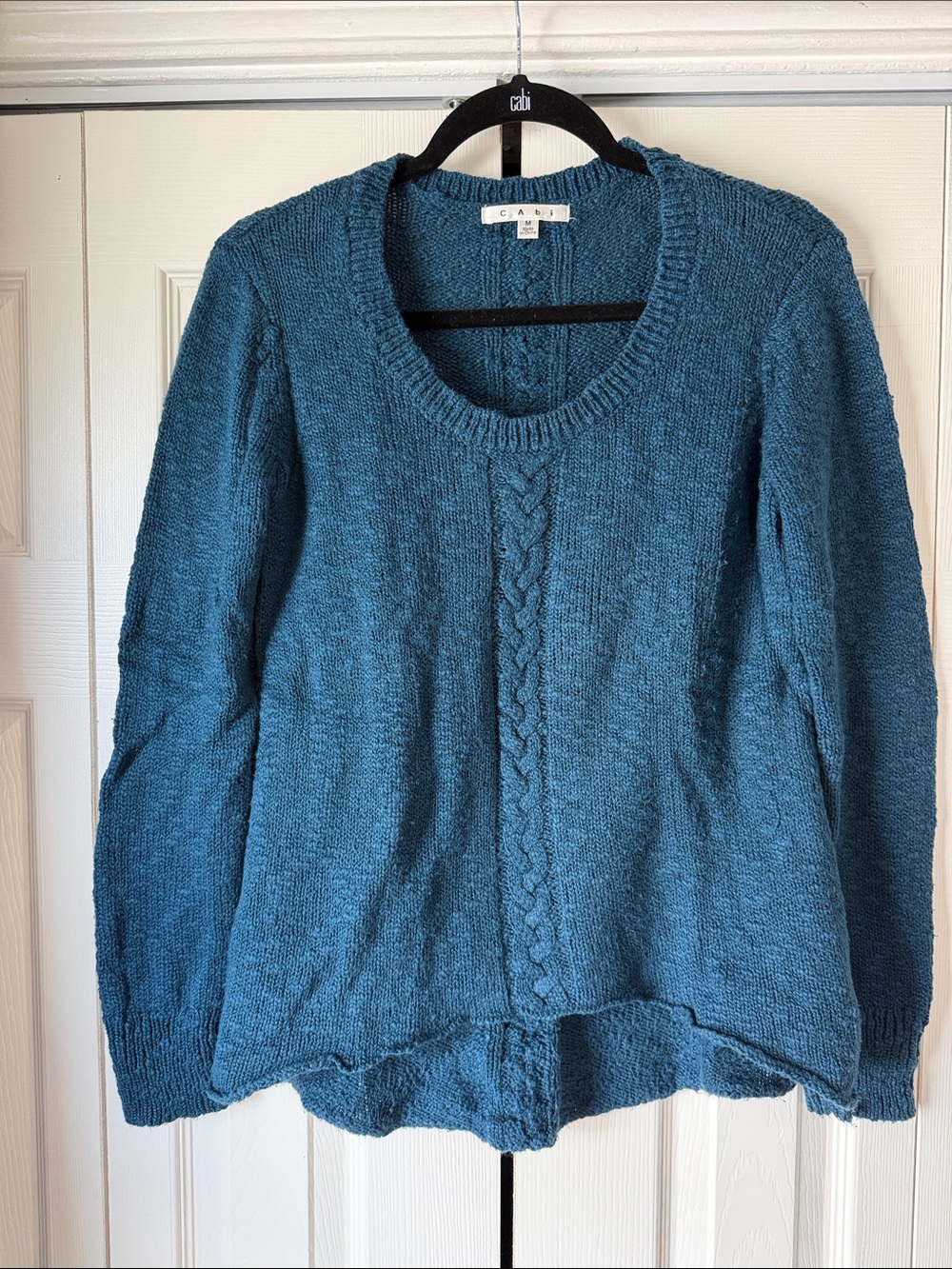CAbi #470 Teal Cable-Center Scoop Neck Sweater